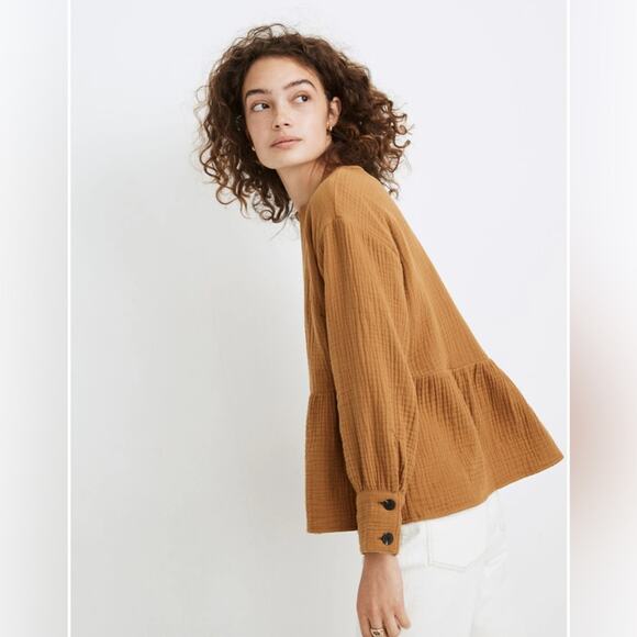 Madewell Lightspun Button-Back Peplum Top Compass Gold Gauze Blouse Cotton Sz S - Picture 2 of 7